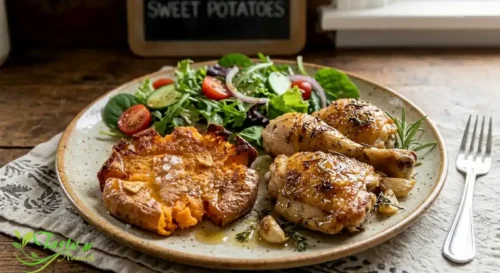 Smashed sweet potatoes served alongside roast chicken and salad