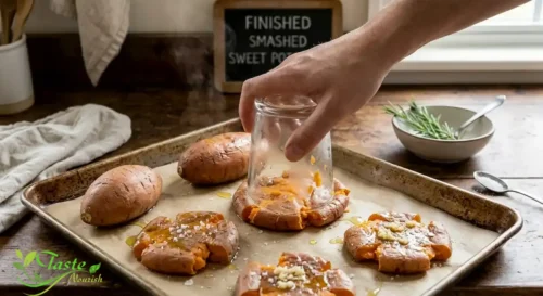 Sweet potato being flattened with a glass on a parchment-lined baking sheet