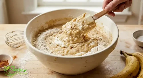 Sour cream banana bread batter being folded together