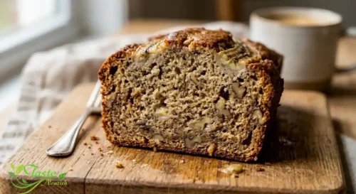 sour cream banana bread slice showing a tender crumb