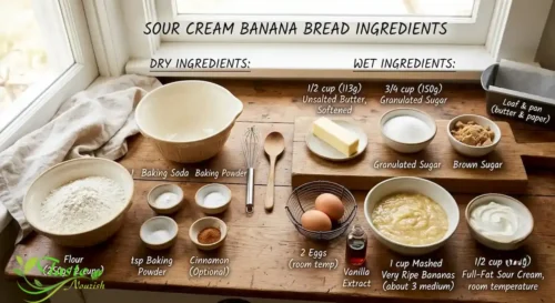 Ingredients for sour cream banana bread recipe including bananas, sour cream, and flour