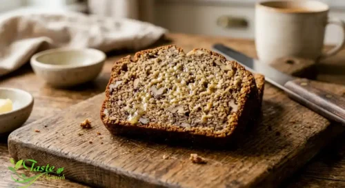 sour cream banana bread topped with melted butter