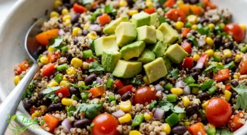 Southwest Quinoa Salad Recipe: southwest quinoa salad showing black beans, corn, diced avocado, and fresh cilantro