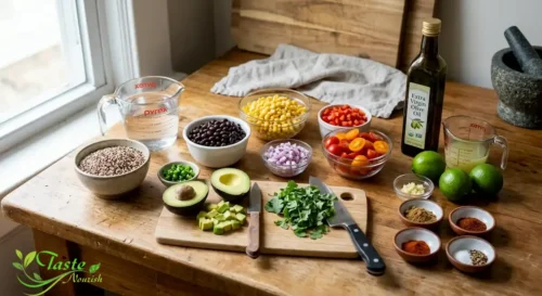 Ingredients for southwest quinoa salad recipe arranged on a countertop, including quinoa, black beans, corn, and lime