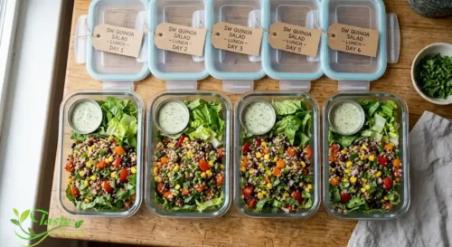 Southwest quinoa salad packed into glass meal-prep containers 