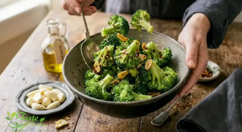Broccoli florets being tossed with olive oil, garlic, and chili flakes