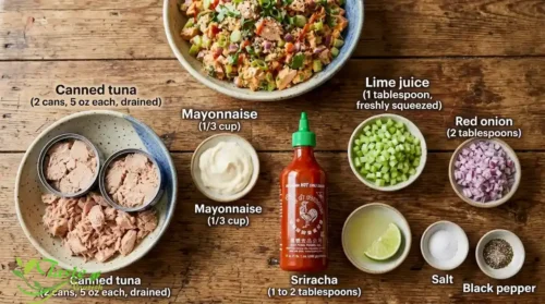Ingredients for spicy tuna salad recipe including canned tuna, mayonnaise, sriracha, and lime