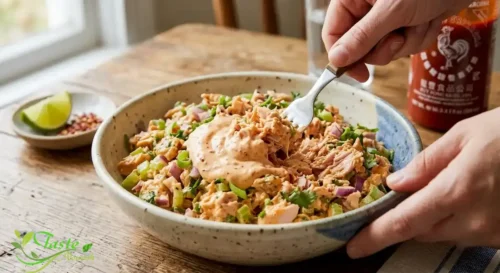 Folding sriracha mayo dressing into flaked tuna for spicy tuna salad