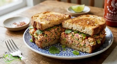 Spicy tuna salad sandwich on toasted sourdough bread