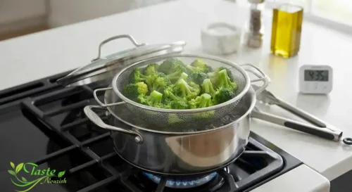Steaming broccoli in a pot as a low-calorie cooking method