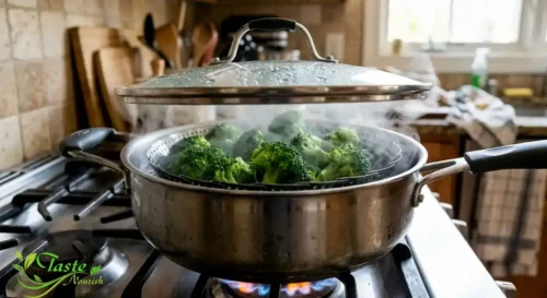 Broccoli being steamed in a pot, one of the best ways to cook broccoli to retain nutrients