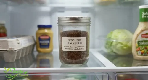 Ground flaxseed stored in an airtight jar in the fridge