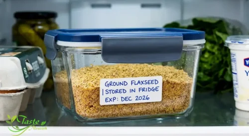  Health Benefits of Flax Seeds: Ground flaxseed stored in refrigerator container