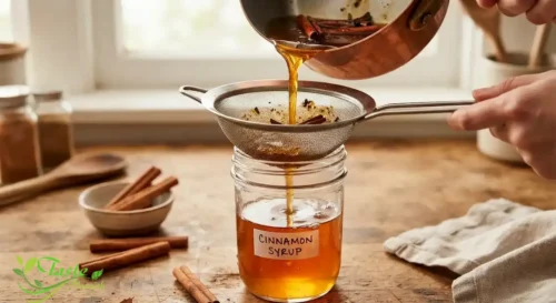 Straining cinnamon simple syrup through a fine-mesh