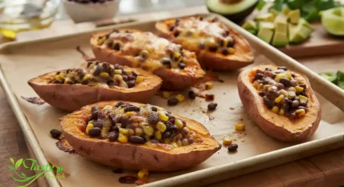 sweet potato boats fresh from the broiler with melted, golden cheese