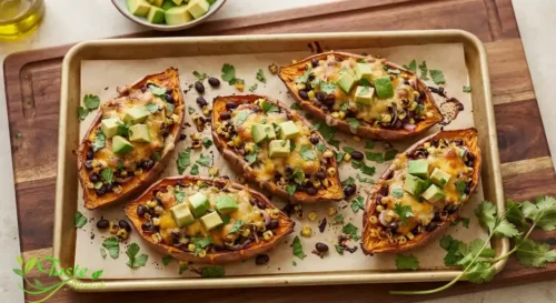 Loaded sweet potato boats topped with melted cheese, avocado, and cilantro 