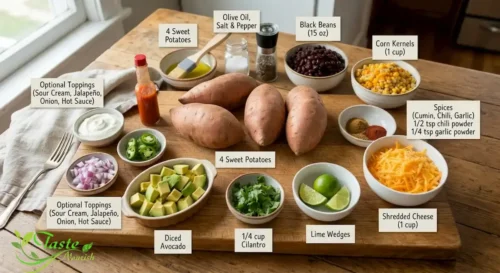 Ingredients for sweet potato boats laid out, including sweet potatoes, black beans, corn, and shredded cheese