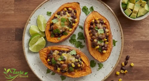 plated sweet potato boats garnished with lime wedges and fresh cilantro