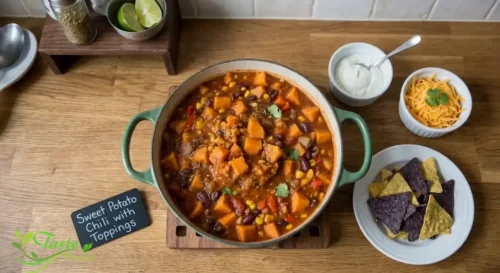 sweet potato chili recipe served with sour cream, cheese, and tortilla chips