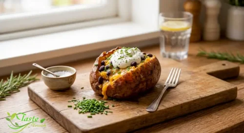 sweet potato jacket topped with cheddar, black beans, and Greek yogurt