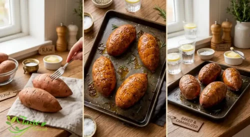 Whole baked sweet potatoes with crispy caramelized skin