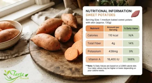 Nutrition facts chart showing calories, fiber, potassium, and vitamin A in sweet potatoes