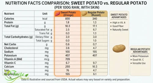 Sweet Potatoes vs Regular Potatoes: Nutrition facts comparison chart of sweet potato vs regular potato per 100 grams