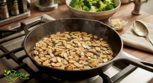 Sliced almonds toasting golden brown in a skillet for broccoli almondine recipe