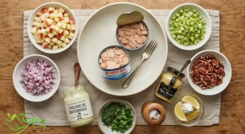 tuna apple salad ingredients including canned tuna, apple, celery, and mayonnaise