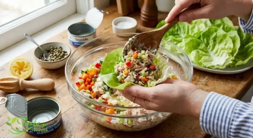 Spooning tuna salad into a butter lettuce leaf to assemble lettuce wraps