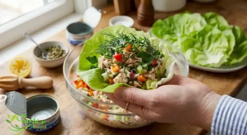  low carb tuna lettuce wrap topped with fresh herbs