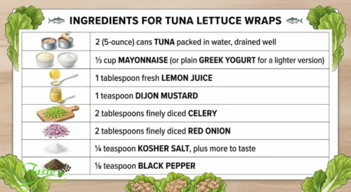 Ingredients for tuna lettuce wraps including canned tuna, celery, lemon, and lettuce leaves