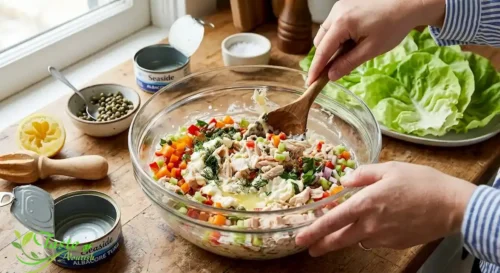 Tuna salad mixture being stirred in a glass bowl for lettuce wraps
