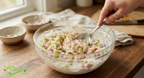 Tuna salad mixture being stirred in a glass bowl with diced celery 