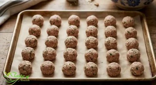 Turkey meatballs arranged on a parchment-lined baking sheet before bakin
