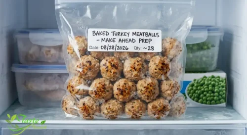 Baked turkey meatballs stored in a freezer bag for make-ahead prep
