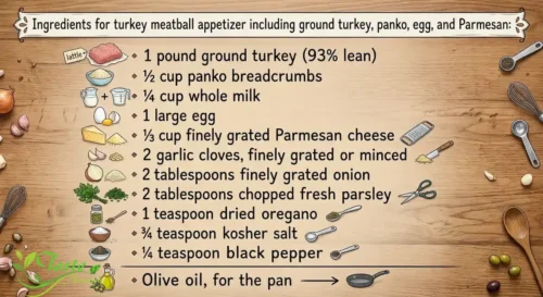 Ingredients for turkey meatball appetizer including ground turkey, panko, egg, and Parmesan