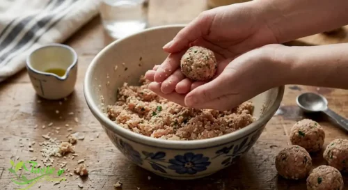 Hands rolling raw turkey meatball appetizer mixture into bite-sized balls