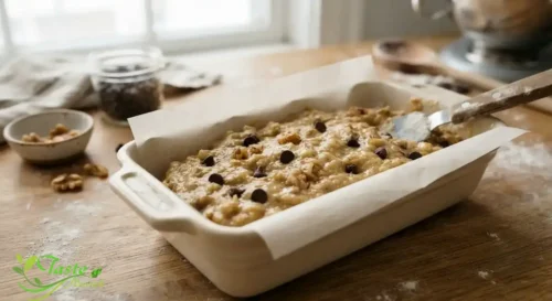 Vegan banana bread batter poured into a lined loaf pan before baking