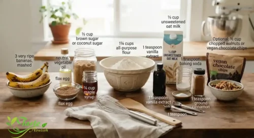 Ingredients for vegan banana bread, including ripe bananas, flaxseed, and flour