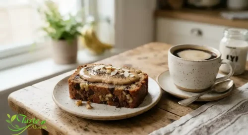 Slice of vegan banana bread served with almond butter and coffee