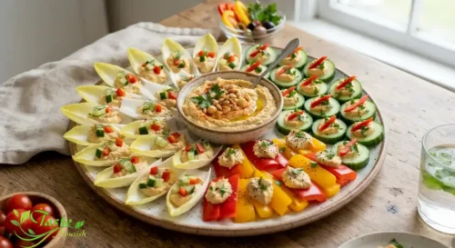 veggie and hummus bites appetizer platter arranged for a party