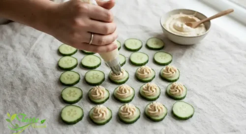 Piping hummus onto cucumber rounds for veggie and hummus bites
