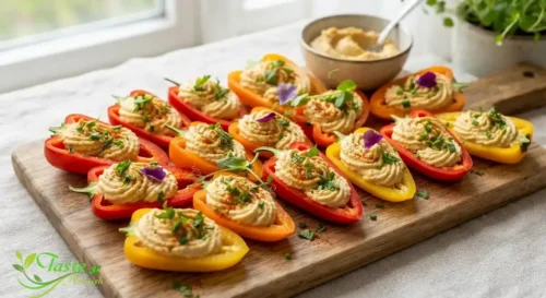 Mini sweet peppers filled with hummus and garnished with herbs