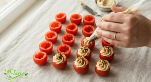 Hollowed cherry tomato cups being filled with hummus