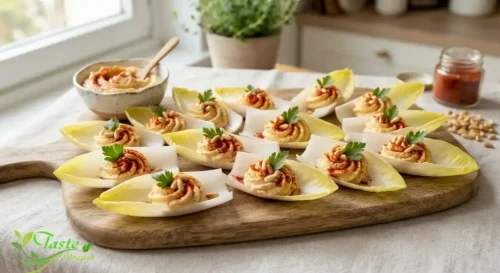 Belgian endive leaves topped with hummus, paprika, and pine nuts