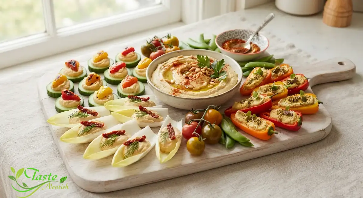 Quick Veggie and Hummus Bites (No-Cook Appetizer Platter) Veggie and hummus bites platter with cucumber, pepper, and endive