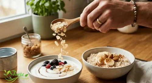 Sliced almonds sprinkled over yogurt and oatmeal as a healthy breakfast topping