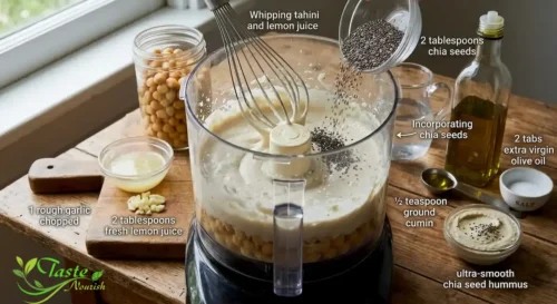 Whipping tahini and lemon juice for smooth chia seed hummus