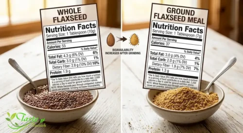 Whole flaxseed and ground flaxseed meal side by side with nutrition label comparison